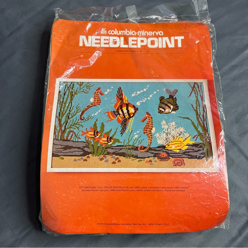 Vintage Columbia Minerva Large Fish Tank Needlepoint Kit Seahorses Cross Stitch